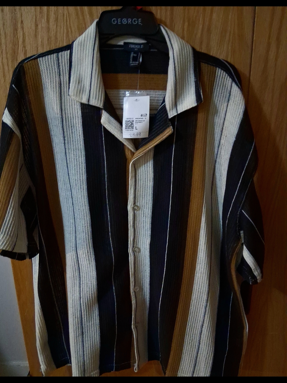 Forever 21 Men’s Striped Button-Up Shirt - Black, Cream & Brown